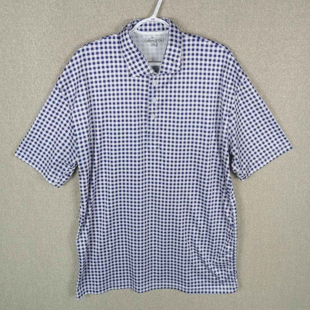 Collars & Co. Navy White Gingham Performance Polo Short Sleeve 2XL Dressy Preppy